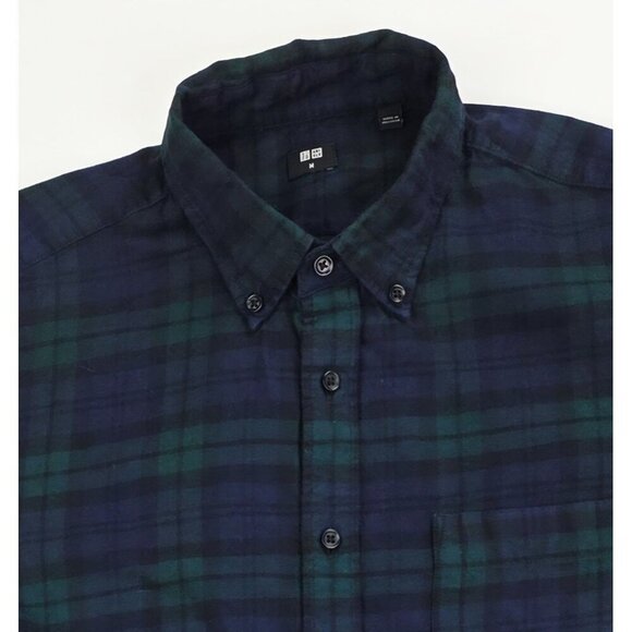 Uniqlo Size Medium Green Navy Plaid Flannel Men's Button Down Long Sleeve Shirt - Picture 1 of 9